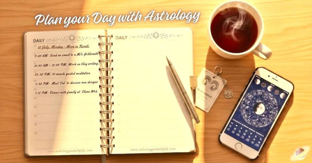 A daily planner with a cup of coffee and a mobile screen showing Moon phases for astrology-based day planning.
